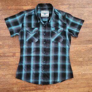 DIXXON Morning Fog Flannel Fifth Ave Short Sleeve Shirt Womens Size Medium